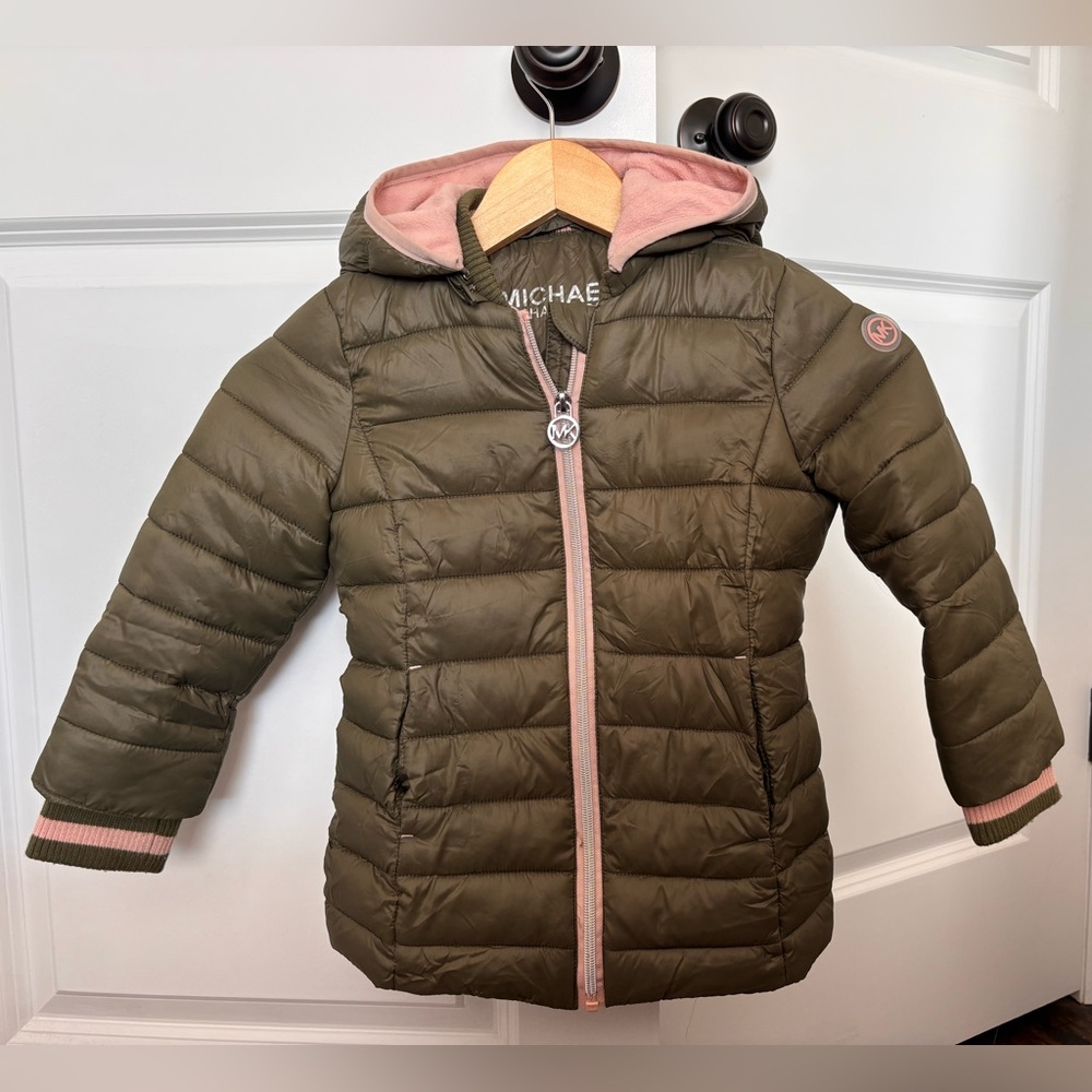 Michael Kors Kids Olive Green Puffer Jacket with Pink Accents Size 3T Girls
